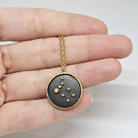 Satya Zodiac Horoscope Gemini Sign Pearl Gem Pendant Necklace 18K Gold Plated - Picture 7 of 12